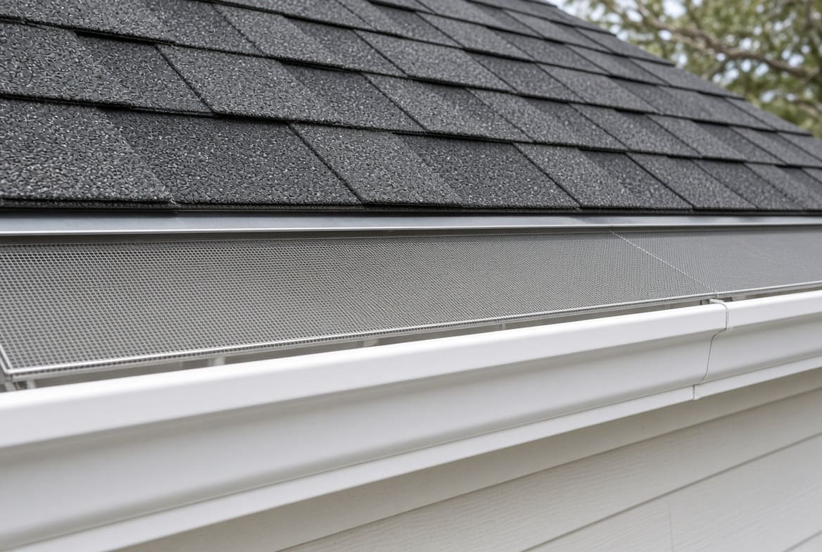 Illustration of mesh gutter guards along an asphalt-shingle roof edge.
