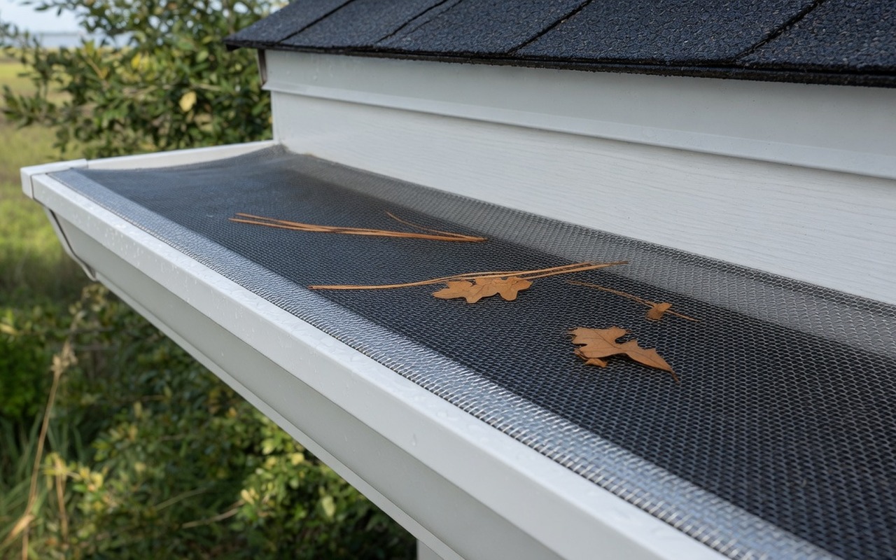 Micro-mesh gutter guard with pine needles and leaves on a coastal home