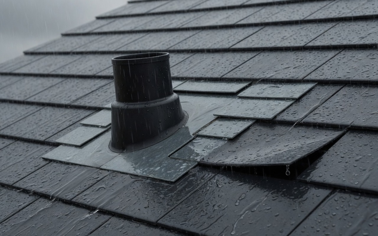 Rain on a shingle roof near vent flashing and a lifted shingle