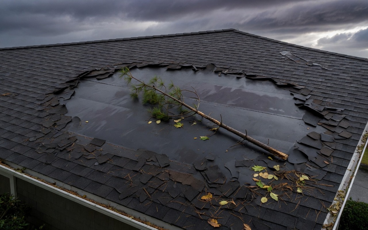 Post-storm shingle loss and a fallen branch on a coastal roof