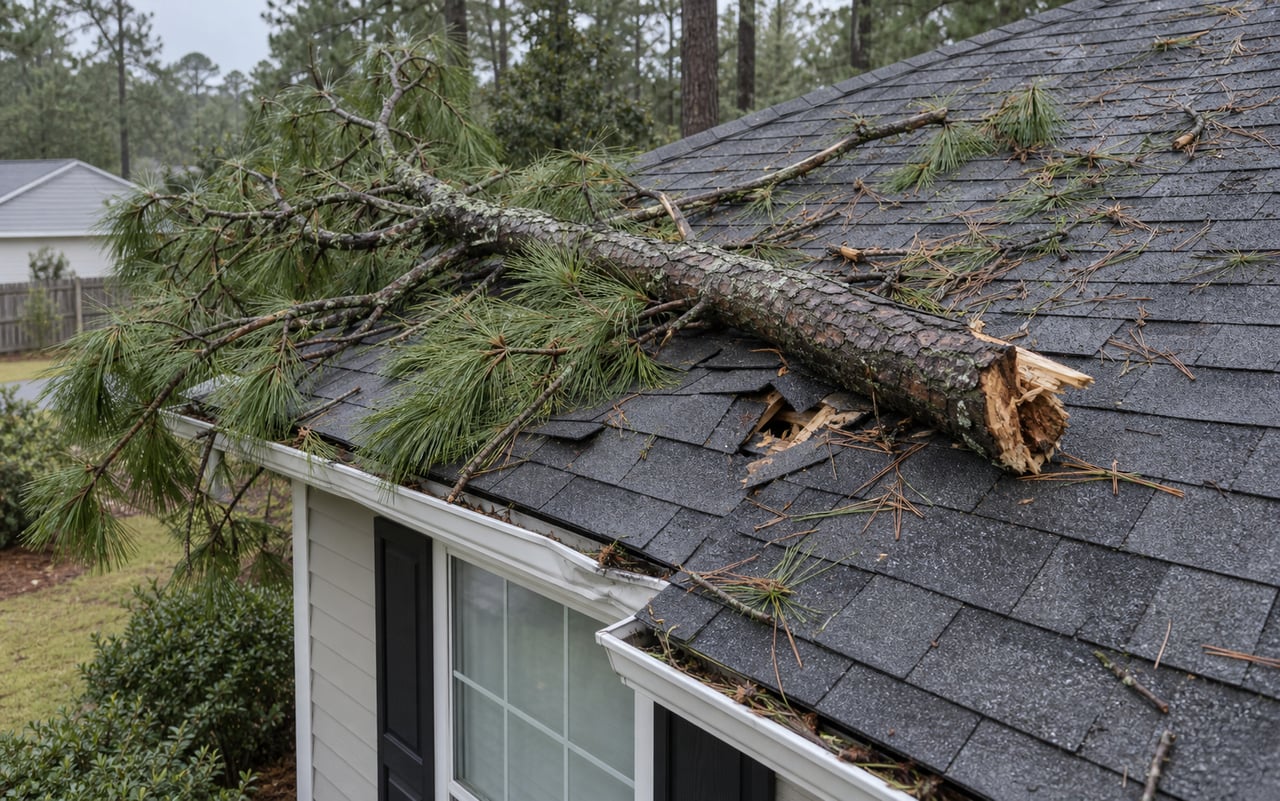Illustration of a fallen pine limb causing localized roof and gutter damage