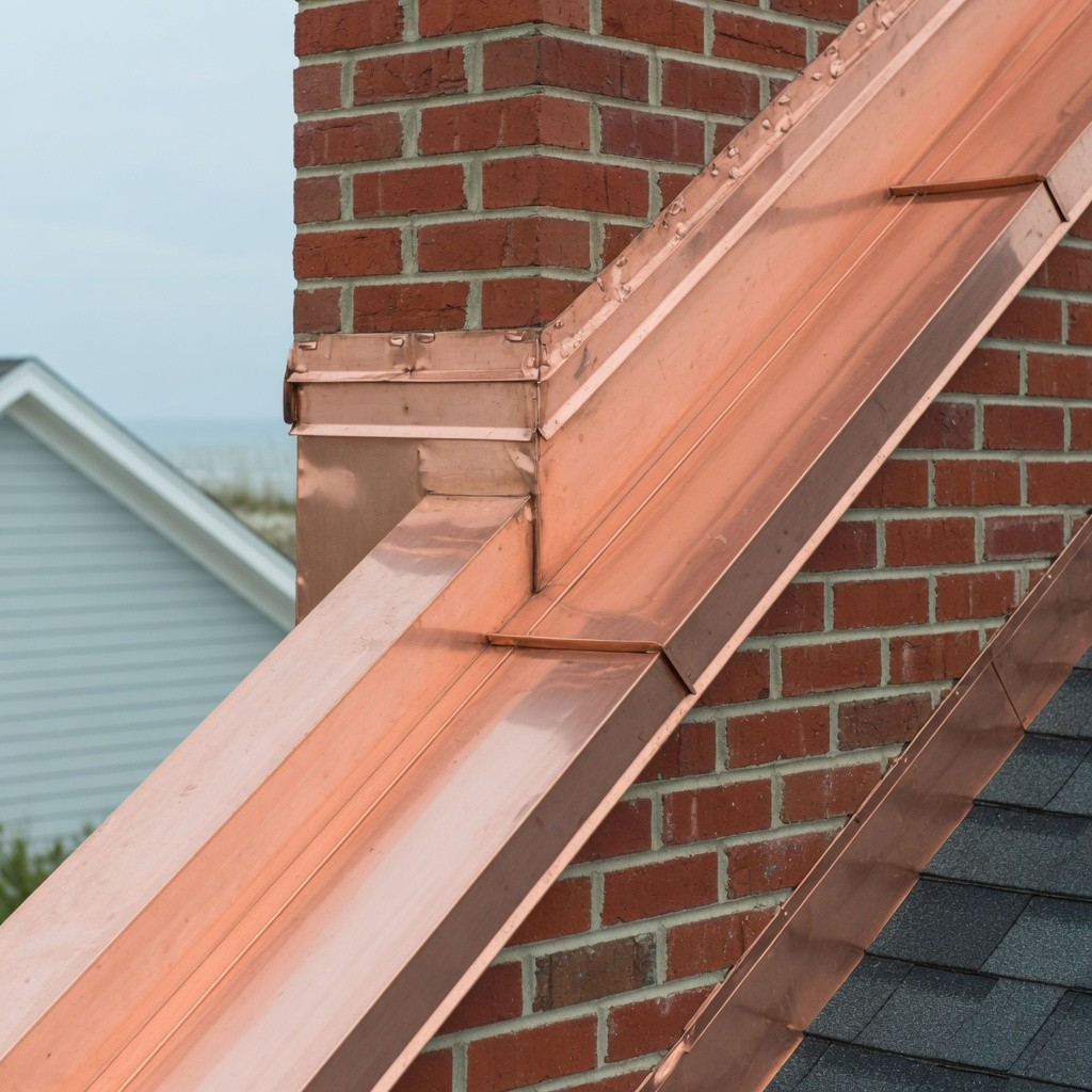 Copper flashing along a brick wall and roofline
