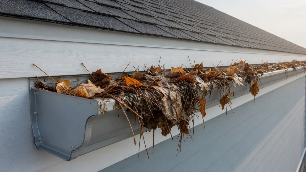 Gutters clogged with leaves and debris
