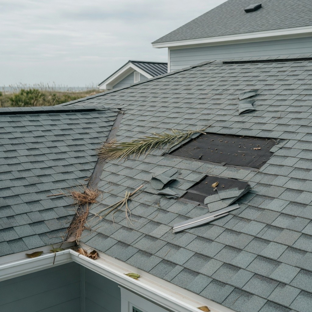 Wind-damaged shingles after a coastal storm